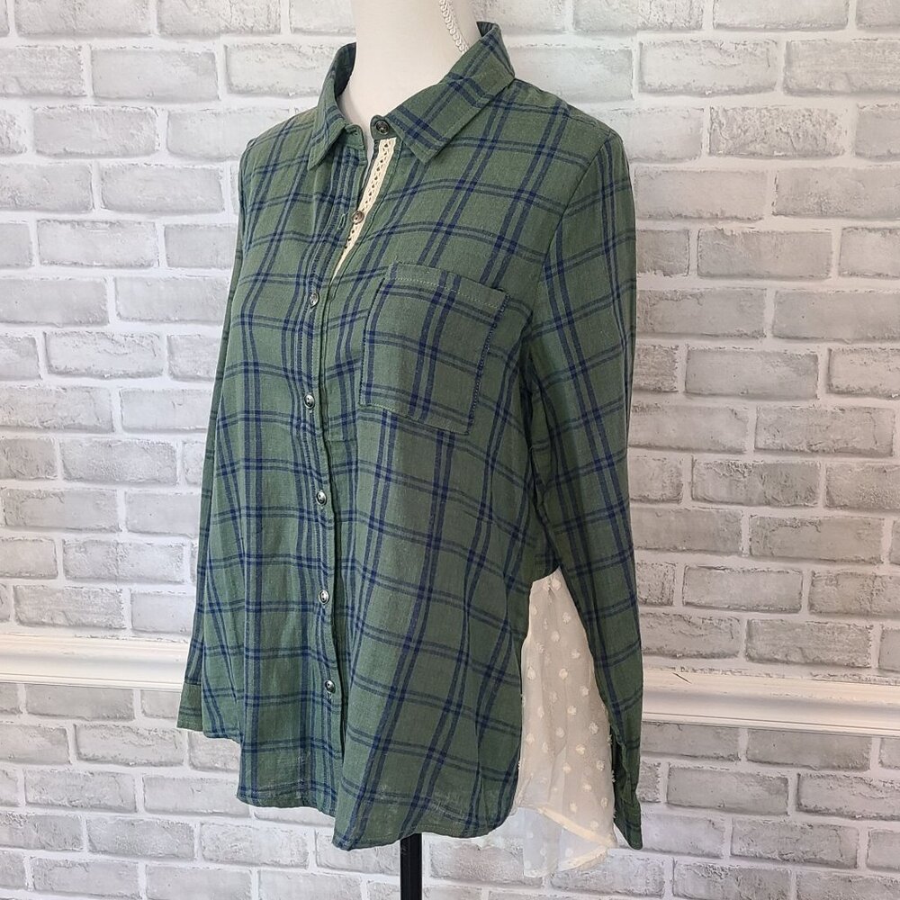 Boutique Plaid Flannel Shirt Lace Panel Shirt L NEW Cozy Feminine Long Sleeve